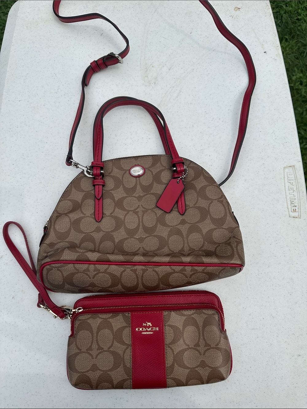 Coach Brown Signature Canvas Crossbody with Red Leather Trim and Wristlet